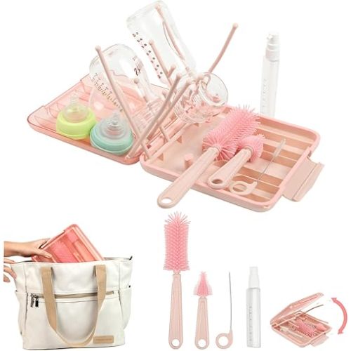 6 in 1 Travel Baby Bottle Brush Set, Portable Bottle Cleaning kit,Capable of Drying Multiple Bottles simultaneously, Baby Essentials for Home and Travel (Pink)