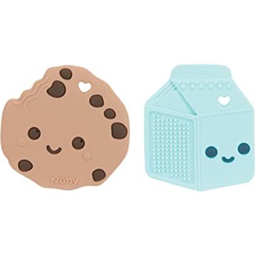 Nuby All Silicone Chocolate Chip Cookie & Milk Carton Teether – 2 Pack, 3+ Months