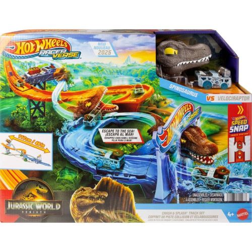 Jurassic World Hot Wheels Racer Verse Rebirth Crash and Splash Track Set and Die-Cast Dinosaur Toy Car