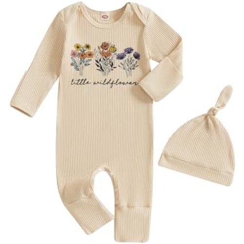 Little Cutie Baby Clothes Newborn Girl Outfit Orange Flower Long Sleeve Footless Romper Bodysuit With Mitten Cuffs
