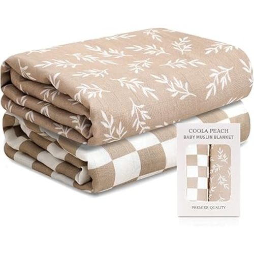 CoolaPeach Baby Muslin Swaddle Blankets,2 Pack Receiving Blanket Baby Girl & boy,Large47 x 43 inches,Soft & Skin Friendly Baby Blanket Wrap(Brown)