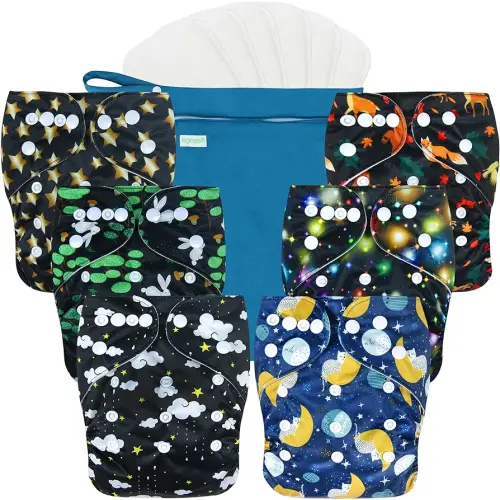 wegreeco Washable Reusable Baby Cloth Pocket Diapers 6 Pack + 6 Rayon Made from Bamboo Inserts (with 1 Wet Bag, Starry Sky)