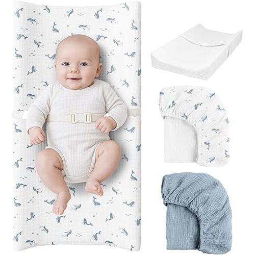 Konssy Muslin Changing Pad with Waterproof Lining Foam, Includes 2 Pack Soft & Cotton Cover, Baby Diaper Changing Pad for Dresser or Table, 32x16 inches (Little Whales, Blue)