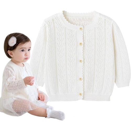 Simplee kids Baby Girl Thin Sweater Solid White Pink Cardigans for Toddler 0-3Years - D - White - 6-12 Months