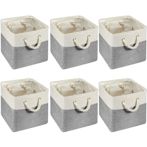 6 Pieces Cube Storage Bins Small Foldable Storage Cube Baskets with Sturdy Carry Handles Multipurpose Storage Cube Baskets Organizer Bin for Home, Office, Nursery (Gray and White, 11 x 11 Inch)