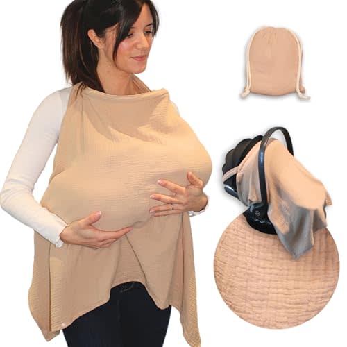KIDYMOM Cotton Muslin Nursing Cover – Breathable & Soft with Removable Hoop, Arch Neckline for Easy Breastfeeding, Versatile Cover for Nursing, Stroller & Car Seat (Biscuit)