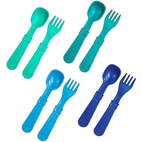 Re-Play Toddler Forks and Spoons Set - 4x4 Toddler Utensils Set - Dishwasher and Microwave Safe - Made in USA - Set of 8-5.8" x 1.2" x 0.2" - A True Blue