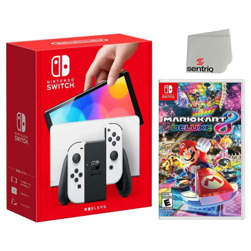 Nintendo Switch OLED White Edition + Mario Kart 8 Deluxe + Sentriq Screen Cleaning Cloth Bundle - Japan Import with US Plug
