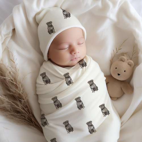 Black Pug Baby Swaddle Blanket and Beanie Set Newborn Gift Bundle Dog Print Coming Home Outfit Nursery Decor Baby Wrap Hospital Essentials