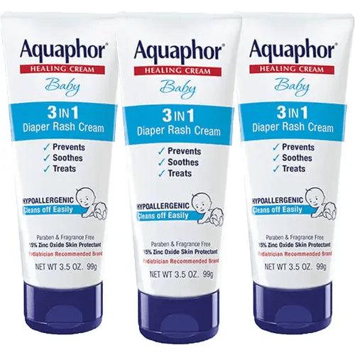 Aquaphor 3-in-1 Diaper Rash Cream, 3.5 Oz Tube, Pack of 3, Baby, Pediatrician Recommended, Zinc Oxide Formula, 15% Active Ingredient, Semisolid, Over-the-counter Skin Protectant