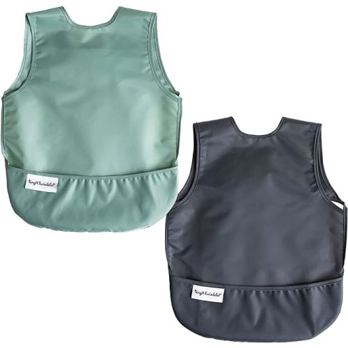 Tiny Twinkle Mess-Proof Apron Toddler Bibs w/Tug-Proof Closure, Baby Food Bibs, 2 Pack - Small 6-24 Months - Sage Charcoal