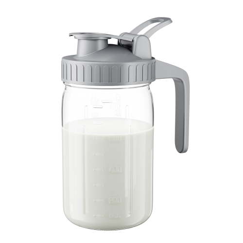 GOSCHE Breast Milk Pitcher Wide Mouth Glass Mason Jar Pitcher Leak Proof Milk Pitcher with Lid and Pour Spout Gray 32oz