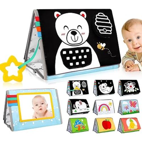 Tummy Time Mirror Baby Toys 0-6 Months - Infant Toys Black and White High Contrast Baby Crinkle Toys 0-3 Months with Teether - Montessori Newborn Brain Development Sensory Toys for Babies