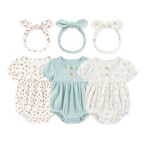 MAMIMAKA Newborn Baby Girl Clothes Cotton Bubble Romper Floral Short Sleeve Bodysuit 3 Pack