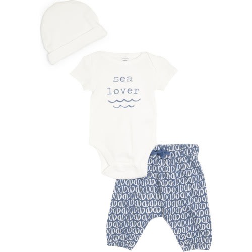 Baby Sea Lover Cotton Graphic Bodysuit, Pants & Hat Set, Newborn, White Sea- Blue Half Moons