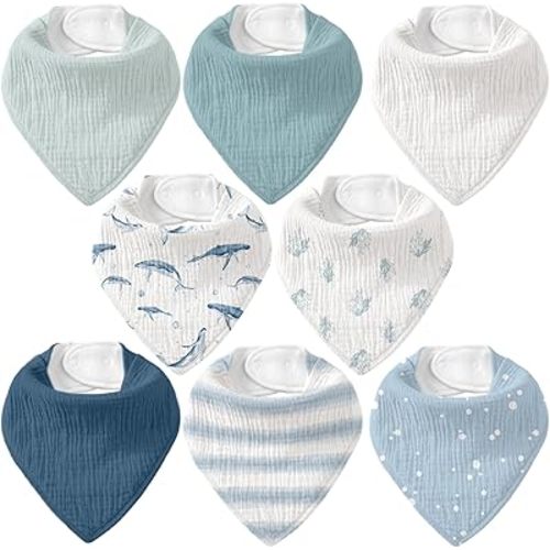 Muslin Baby Bibs 8 Pack, Baby Bandana Drool Bib for Drooling and Teething, Cotton Soft Absorbent for Girls Boys (Blue Ocean Whale)