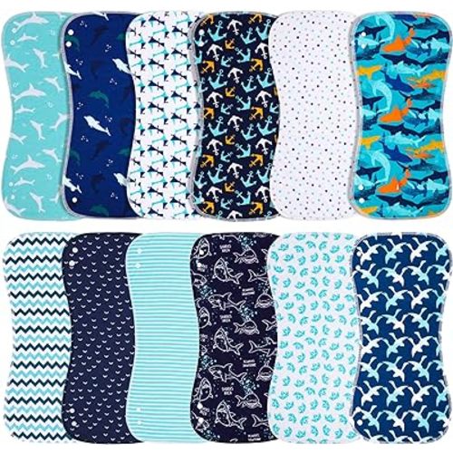 Baby Burp Cloths & Baby Bibs 2-in-1 Design Large Size 3-Layers Thicken 100% Cotton Super Absorbent and Soft Baby Spit Up Burping Rags Baby Burp Cloth Set for Boys 12 Pack