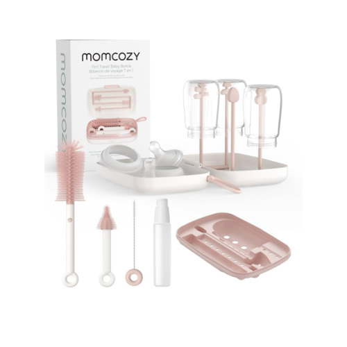 Momcozy Bottle Brush Set - Baby Bottle Cleaner Kit with Silicone Brush, Nipple Brush, Straw Brush, Soap Dispenser, Drying Rack - 7 in 1 Bottle Cleaning Tool for Home and Travel, Pink