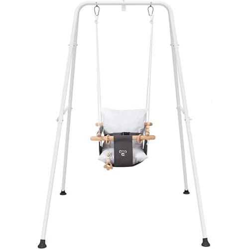 Baby Swing with Stand, Swing Set for Infant, Outdoor Indoor Swing Set with Canvas Cushion Seat (Gray)