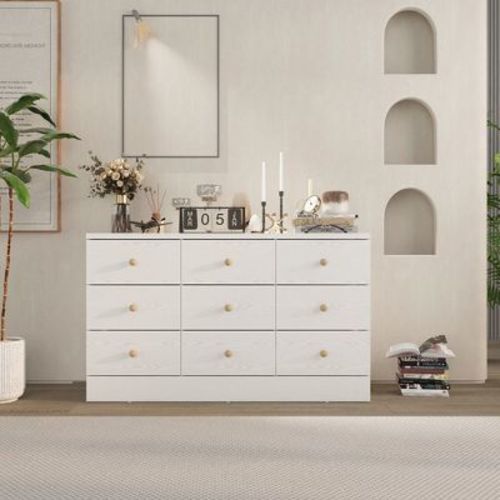 Hitow 9 Drawer Woodgrain Finish Horizontal Dresser Ball Pull Chest Of Drawers Storage White