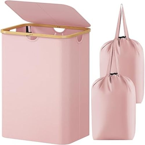 Lifewit 150L Laundry Basket with Lid, Clothes Hampers for Laundry with Bamboo Handles and 2 Removable Laundry Bags, Large Foldable Laundry Hamper for Bedroom, Bathroom, Dorm, Laundry Room, Pink