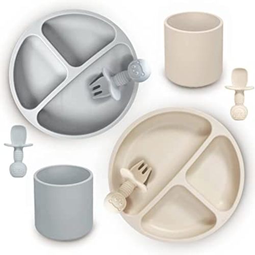 JIFTOK 8 Pcs Baby Led Weaning Food Feeding Set: 2 Pcs Silicone Divided Suction Plates, 2 Pcs Silicone Cups with 2 Spoon and 2 Forks for Babies Kids Toddlers, BPA Free, 1st Self Feeding Utensils