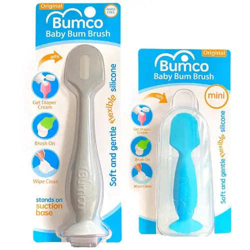 Bumco Baby Bum Brush + Mini Baby Diaper Cream Spatula with Case - BPA-Free Silicone Diaper Spatula with Suction Cup, Wipe-Clean, Mom-Invented Butt Paste Applicator (Gray & Blue)