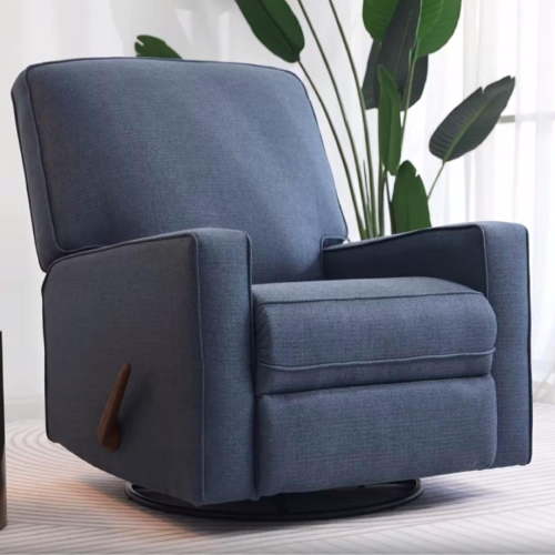 Harkawon 360° Swivel Rocking Glider Recliner Chair, Manual Lever Linen Armchair, Blue