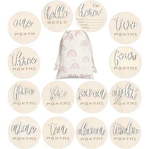 3D Baby Monthly Milestone Cards Sign 7 Pack Double Sided Wooden Circles Discs Baby Announcement Sign Hello World Newborn Sign for Baby Shower Newborn Photo Props (White)