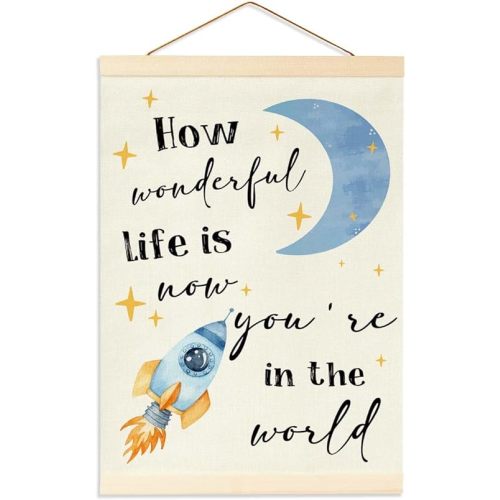 Space Poster Hanger Frame Space Decor for Boys Room, Affirmations Nursery Wall Art for Boy's Bedroom, Playroom Decorr, How Wonderful Life Is Now You're in the World Hanging Flag Banner