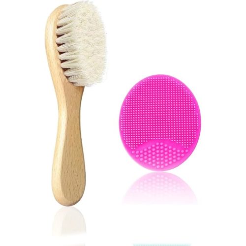 Baby Hair Brush, Goat Bristles Brush and Rose Red Baby Silicone Brush Set for Cradle Cap Wood Bristle Brush for Newborns and Toddlers (2 Piece)