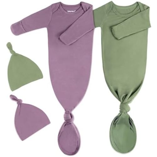 2Pack Knotted Gown Baby, Super Soft Long Sleeve Newborn Hospital Outfit Boy Girl Coming Home, Built-In Mittens Clothes