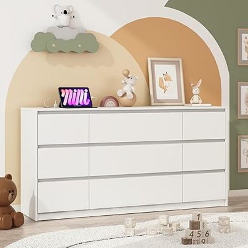 White Dresser for Bedroom, 63 Inch Long 9 Drawers Dresser with Charging Station, Modern Large Wood Chest of Drawers Handle Free, Dresser for Bedroom, Living Room, Entryway, Hallway, White