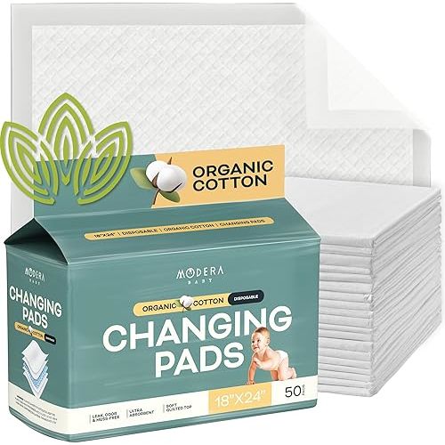 Organic Cotton Disposable Changing Pad Liners | Large 18x24 Hypoallergenic Ultra Absorbent & Waterproof Super Soft, Quilted Underpads for Baby Diaper Table & Travel, Leak Proof & Mess Free [50-Pack]
