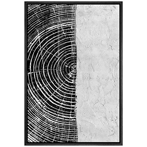 IDEA4WALL Framed Canvas Print Wall Art Black Gray Grunge Farmhouse Tree Rings Nature Wilderness Illustrations Modern Art Rustic Abstract Relax/Calm for Living Room, Bedroom, Office - 16"x24" Black