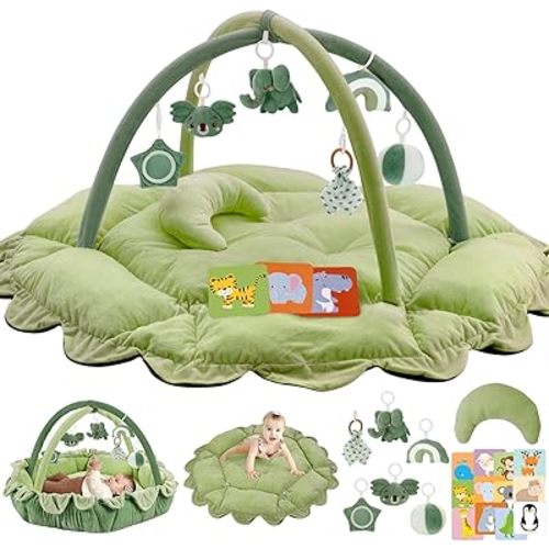 5-in-1 Plush Baby Play Gym, Baby Play Mats, Convertible Baby Gym with Pillow, Tummy time mat, 6 Sensory Toys, Baby Activity Center from Newborn to Toddler, Pet Bed, Cat & Dog Bed, Ball Pit, Green