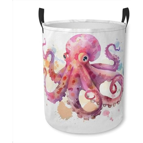 Laundry Basket Pink Octopus in Sea Collapsible Laundry Hamper with Handles Clothes Storage Bin for Household Bedroom Bathroom College Dorms