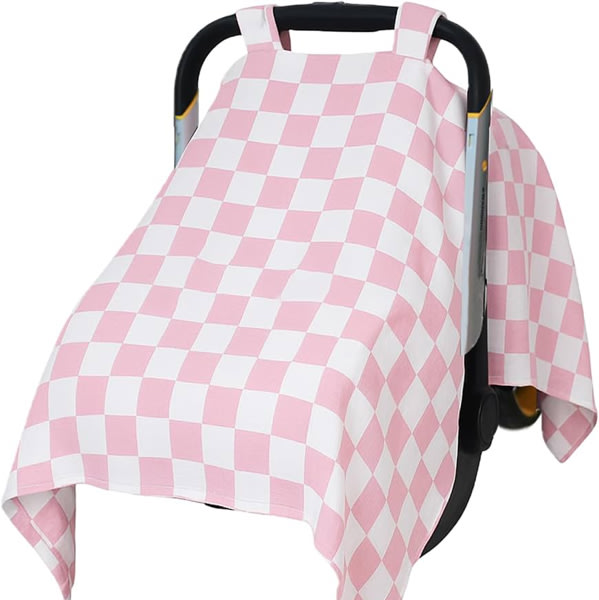 solTourne Muslin Car Seat Cover for Babies - Pink & White Checkered Infant Carrier Canopy, Soft & Breathable Baby Carseat Cover, Lightweight Sunshade for Summer, Universal Fit for Boys & Girls