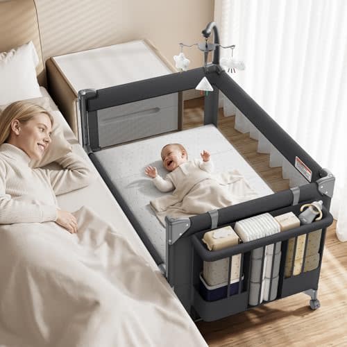 4 in 1 Baby Bassinet, One-Push Setup Pack and Play, Bedside Crib Sleeper with 3 Height Adjustable，Diaper Changer, Come with Comfy Mattress, Rotating Toy Bar, from Infants to Toddlers (Black)