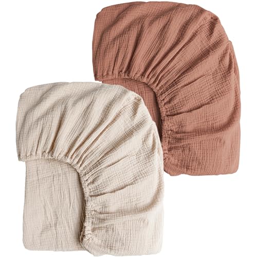 Konssy Muslin Crib Sheets for Girl Boy, 2 PCS Soft and Breathable Cotton Baby Sheets for Standard Crib Mattress, 52"x 28" (Chestnut, Cream)