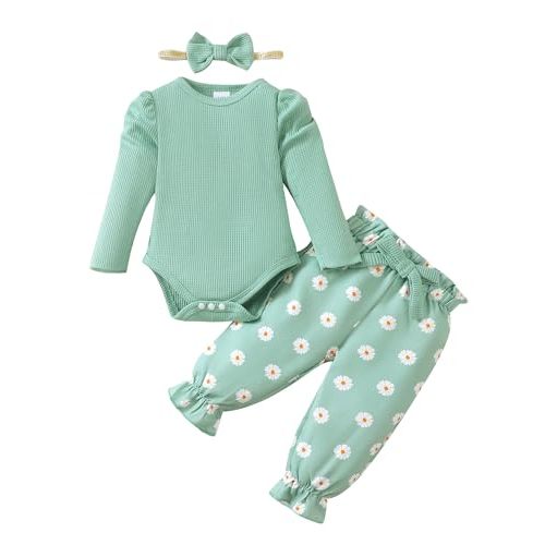 Mioglrie Baby Girl Clothes Newborn Girl Fall Winter Outfits Pants Set Preemie Clothing Headband 0 3 6 12 18 Months