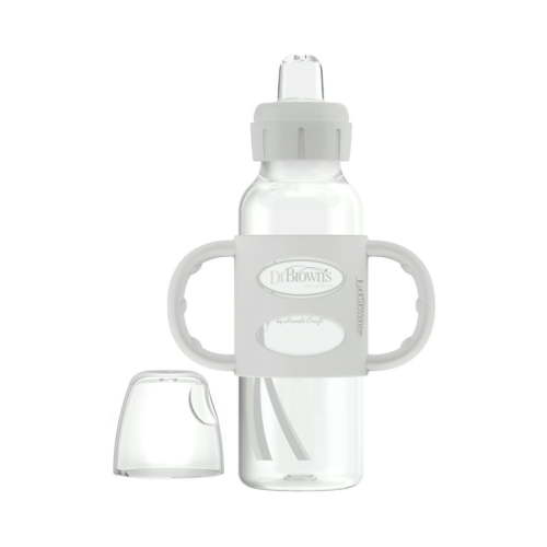 Dr. Brown's Milestones Narrow Sippy Spout Bottle, 100% Silicone Handles, 8oz/250ml, 6m+, BPA Free, Gray