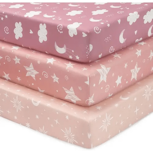 Baby Crib Sheets Girl, 3 Pack Toddler Bed Sheets Fit for 52”x28” Standard Crib and Toddler Mattresses, Super Soft Microfiber Pink Stars
