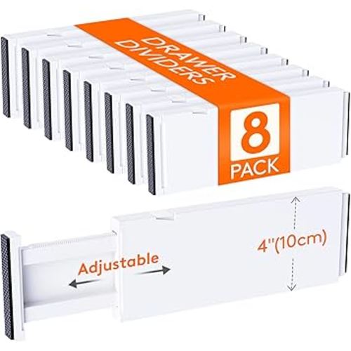 Lifewit 8 Pack Drawer Dividers 4" High, 11-17" Adjustable Dresser Drawer Organizers for Clothes, Expandable Drawer Separators in Kitchen/Bedroom/Bathroom/Vanity/Office Organization and Storage, White