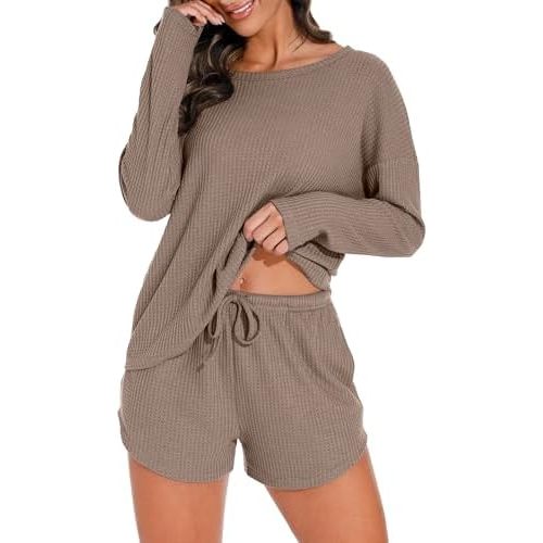 PrinStory Pajamas Set for Women Waffle Knit Lounge Set 2 Piece Outfits Loungewear Sweatsuit with Pockets