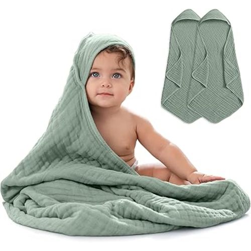 Comfy Cubs 2 Pack Baby Hooded 9 Layer Muslin Cotton Towel for Kids, Large 32” x 32”, Ultra Soft, Warm, and Absorbent. Baby Essentials Bath Towels, Cute Unisex Cover for Girls and Boys (2 Pack, Fern)