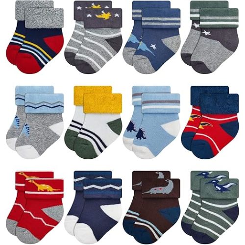 RATIVE Newborn 0-3 Months and Infant 3-12 Months Thick Terry Turn Cuff Socks for Baby Boys Girls