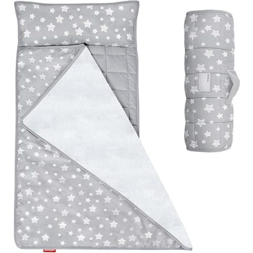 Moonsea Toddler Nap Mat with Pillow and Fleece Minky Blanket, Lightweight, Soft Perfect for Kids Daycare, Travel Sleeping Bag 21" x 50" Fit Standard Cot: Beige Gray with White Stars