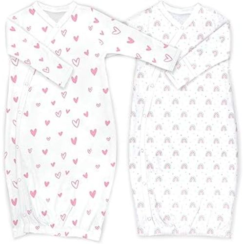Cambria Baby 100% Organic Kimono Gowns. Side Snaps with Built in Mitts. (Hearts and Rainbows, 0-6 Months)