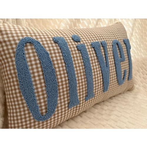 Personalized Gingham Punch Needle Pillow, Custom Name Nursery Decor Cushion
